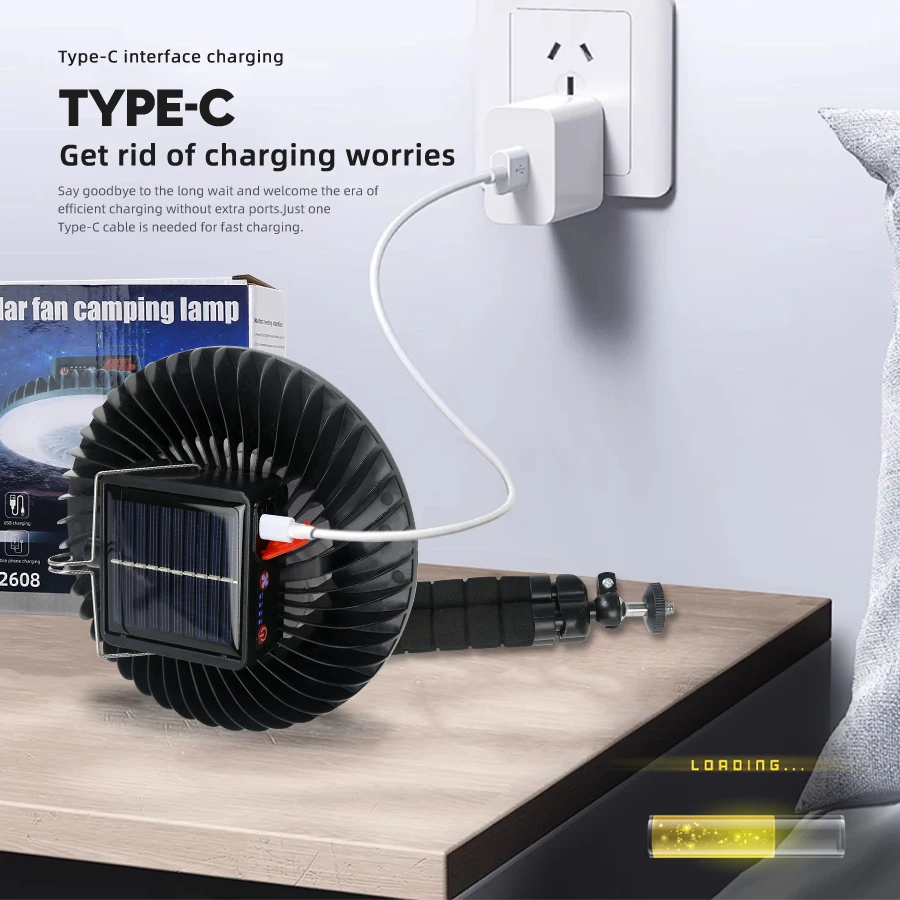 Multifuncional Camping Fan Light, carregamento solar e USB, portátil, teto sem fio, ventilador elétrico com Power Bank, Tripé de luz LED