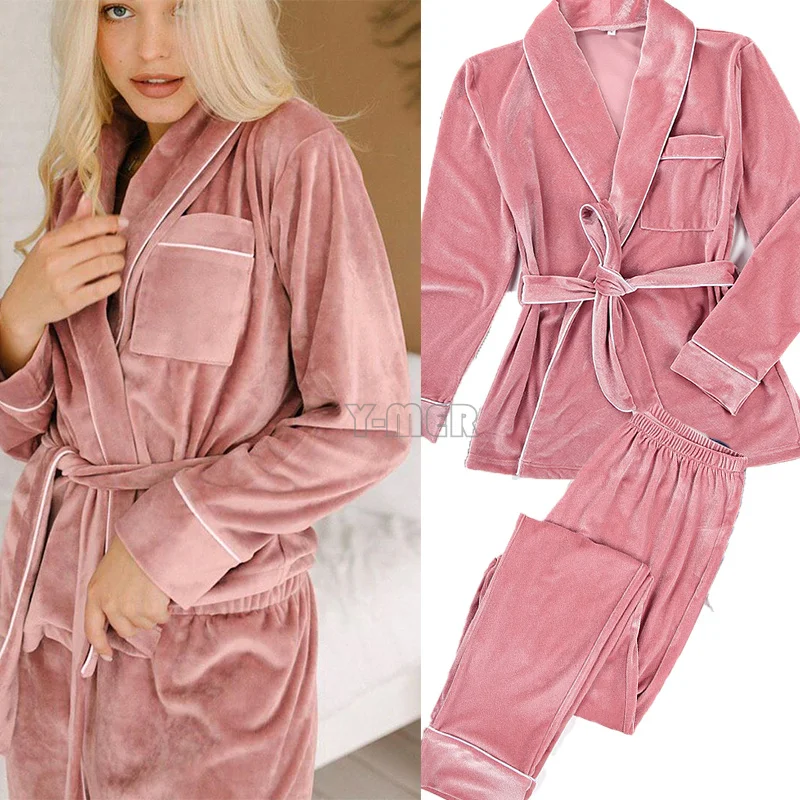 Velvet Women Kimono Bathrobe&Pajamas Set pants Winter Autumn Sleepwear Warm Velour Nightwear Long Sleeve Home Clothes Loungewear