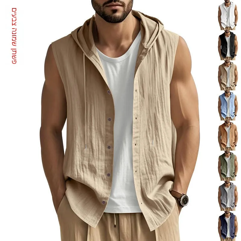 

Men's Summer Casual Sleeveless Hat Shirt Linen Loose Breathable Pure Color Comfortable Loose Fit Short Sleeve Button up