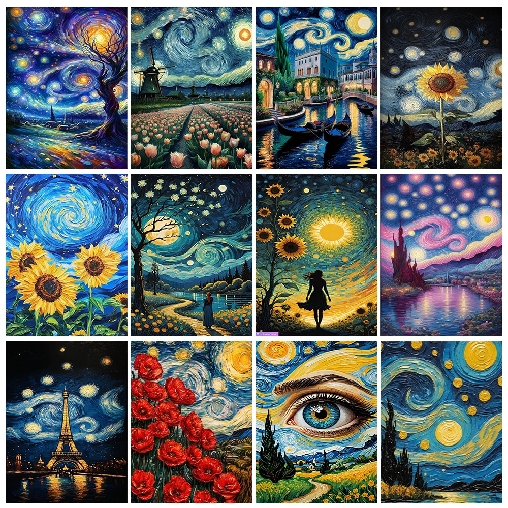 

Ван Гог звездное небо пейзаж DIY цифровая картина маслом красочная картина ручной работы украшение дома стены простой чистый подарок ручной работы