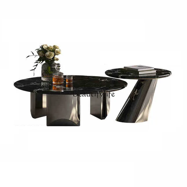 

luxury natural black rose luxury stone coffee table round home modern simple living room high-end marble suspended coffee table