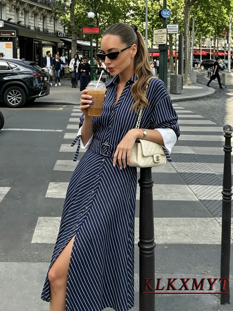 Women Fashion Strip Print With Belt Long Dresses Leisure Laple Button Lace Up Dress Elegant Summer Vacation Long Dress