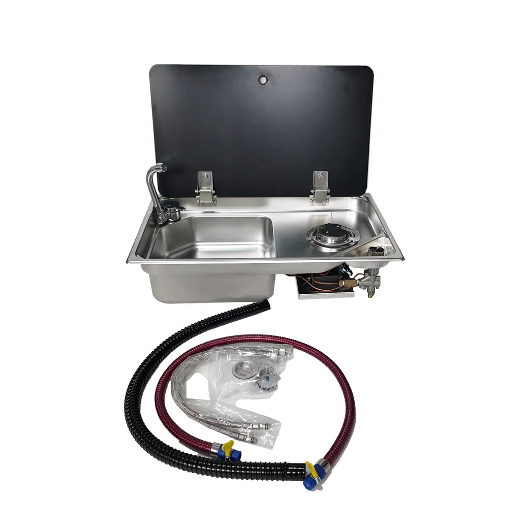 RV Caravan Sink Cooktop Stove Hob Combo with Tempered Glass Lid One Burner for Motorhome Camper Boat Yacht