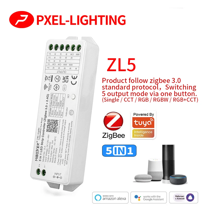 Zigbee 3.0 5 in 1 LED Controller Miboxer 2.4G remote control for 12V 24V Single color/Dual white/RGB/RGBW/RGB+CCT LED Strip tape