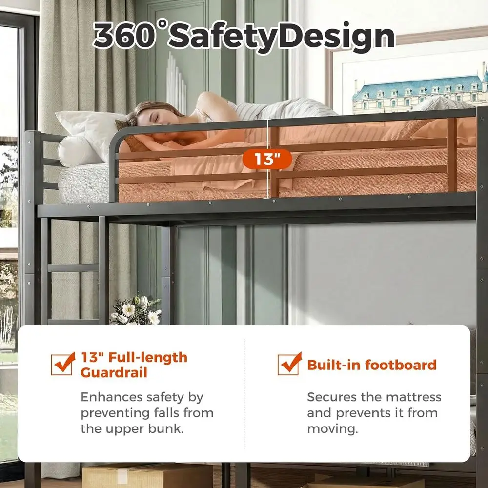 Durable Metal Twin XL Bunk Bed for Adults, 350-500 lbs Capacity, Ladder & Guardrail, Steel Slats, No Box Spring Needed, Black view 3