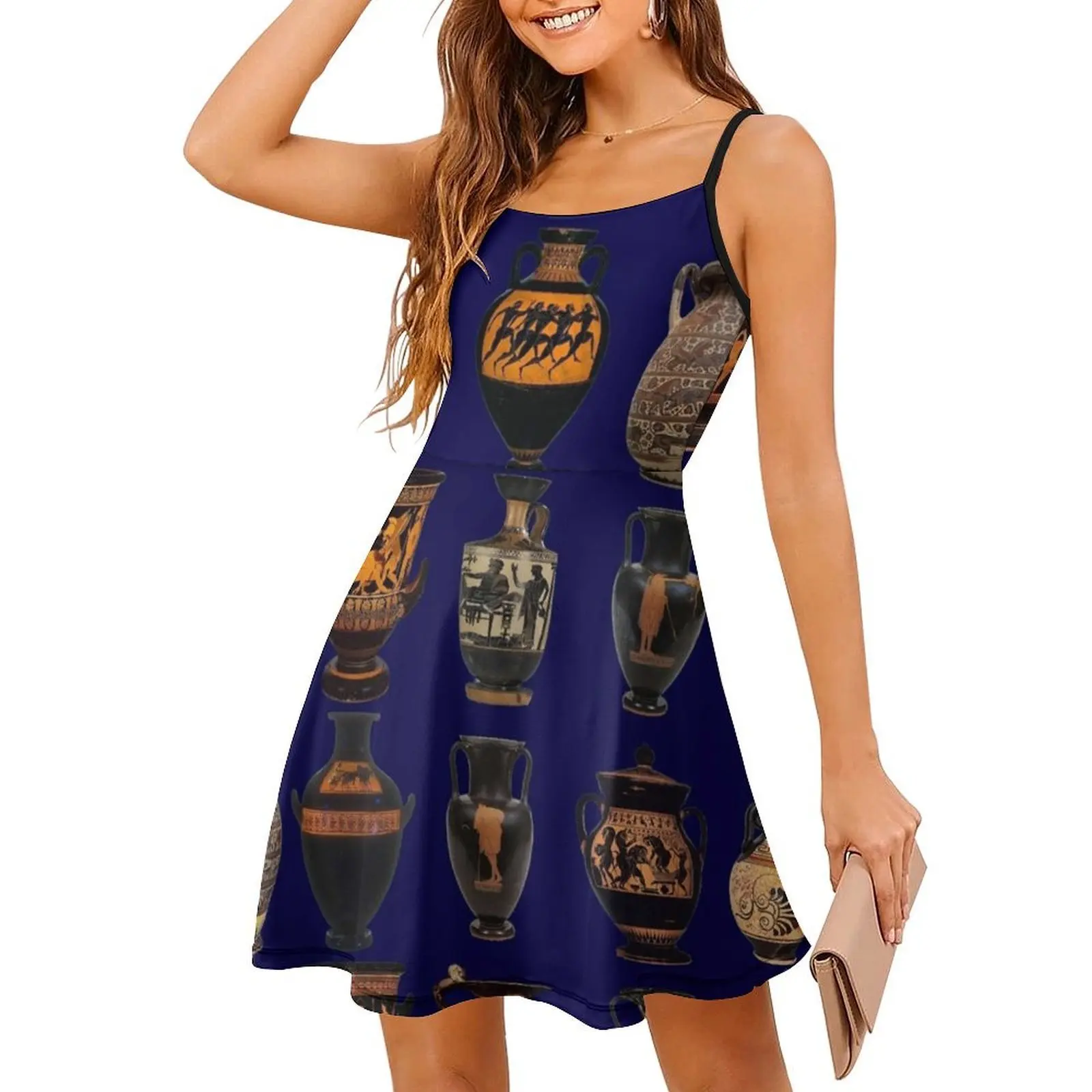 فستان بوهيمي بدون أكمام من الجرار اليونانية للنساء مطبوع عليه فساتين حفلات الشاطئ مزهرية جرة يونانية بقاعدة فستان سهرة للنساء #3