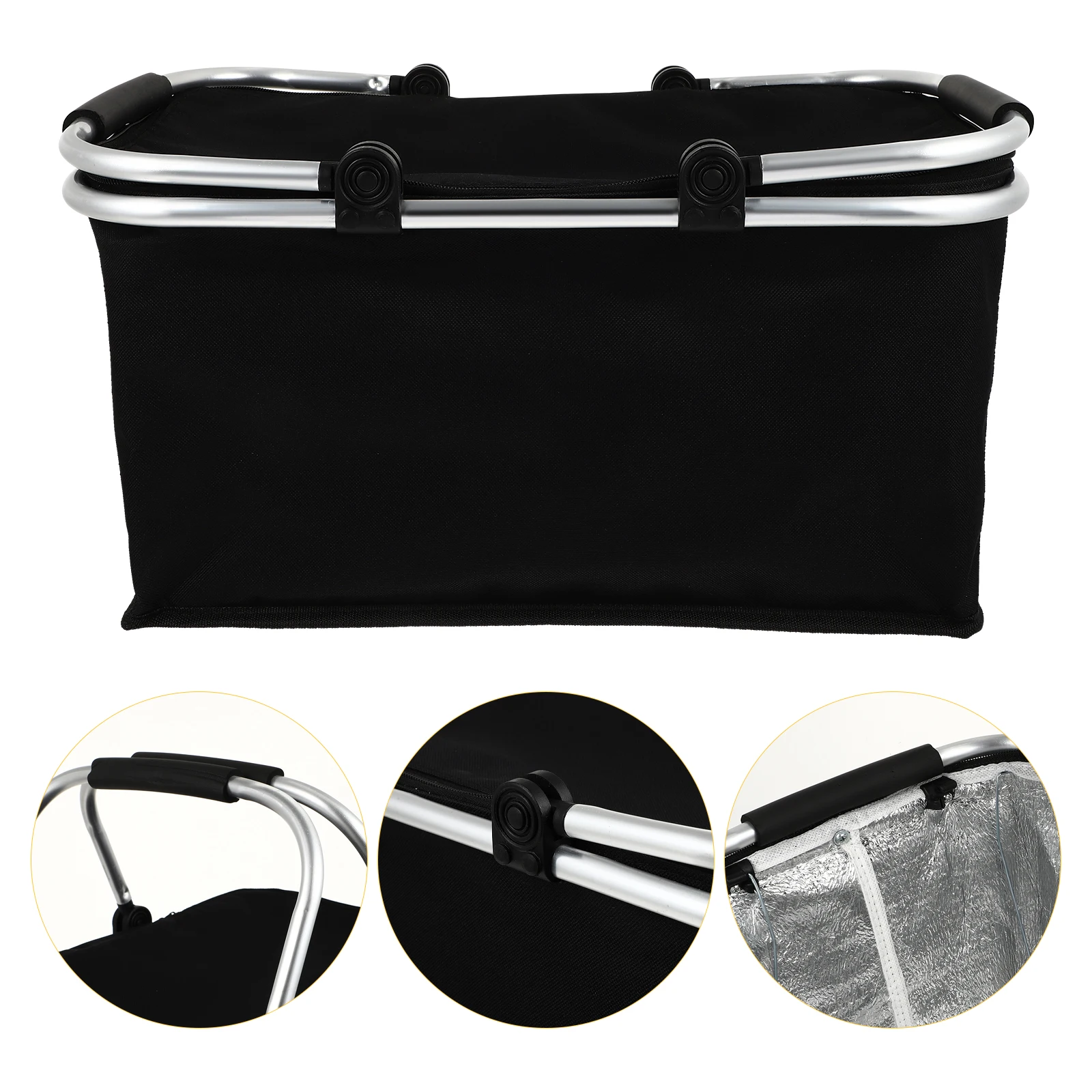 

1Pcs Insulated Picnic Basket Black Large Size Oxford Cloth Thermal Cooler Folding Aluminum Frame Cooler