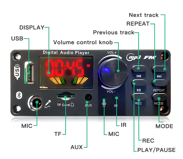 12V 2*50W Digital Power Amplifier Module Panel BT Speaker Microphone Recording Radio Stylish Card Voice Recorder MP3 Player