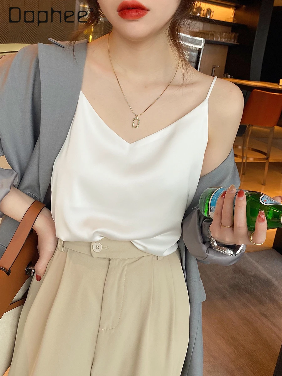 

2024 White Basic Silk-Like Satin Tops Women Vest Summer Sexy Camis Tank for Ladies Strappy Camisole Top Shirts Female Clothes