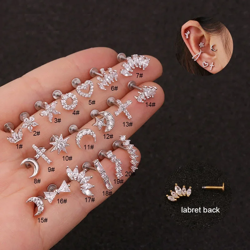 16G Flat Labret Back Ear Piercing Cross Heart Flower Crown CZ Cartilage Helix Conch Rook Tragus Labret Back Piercing Jewelry