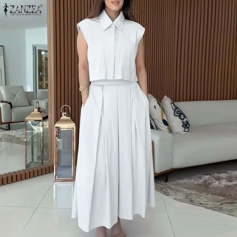 ZANZEA Elegant OL Work Women Dress Sets Solid 2PCS Two-piece Outfits Turn-down Collar Tops Long Skirts Matching Sets Vestidos