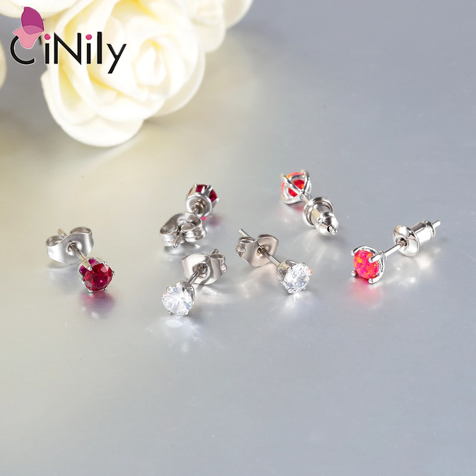 CiNily 3 أزواج من حجر العقيق الأحمر وأقراط تشيكوسلوفاكيا صغيرة مستديرة قرط الاذن المرصع فضي اللون مجموعات مجوهرات الأزياء للنساء الفتيات 4 مللي متر