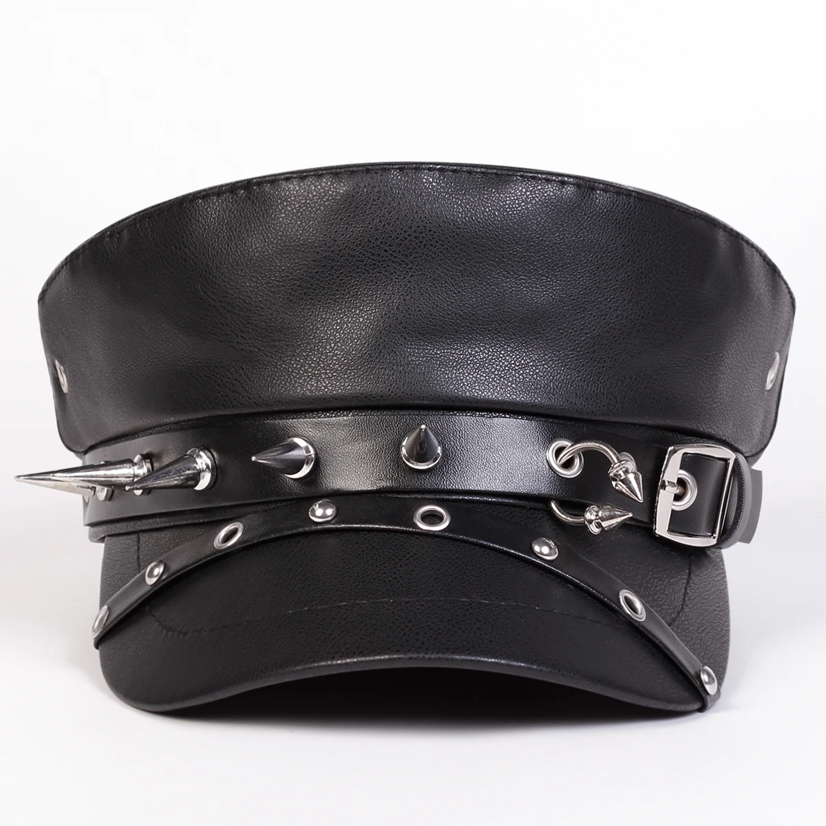 Unisex Rivet Buckle Leather Hat Spring Autumn Sailor Hats Black Beret Cap Men Flat Top Captain Military Caps image 4
