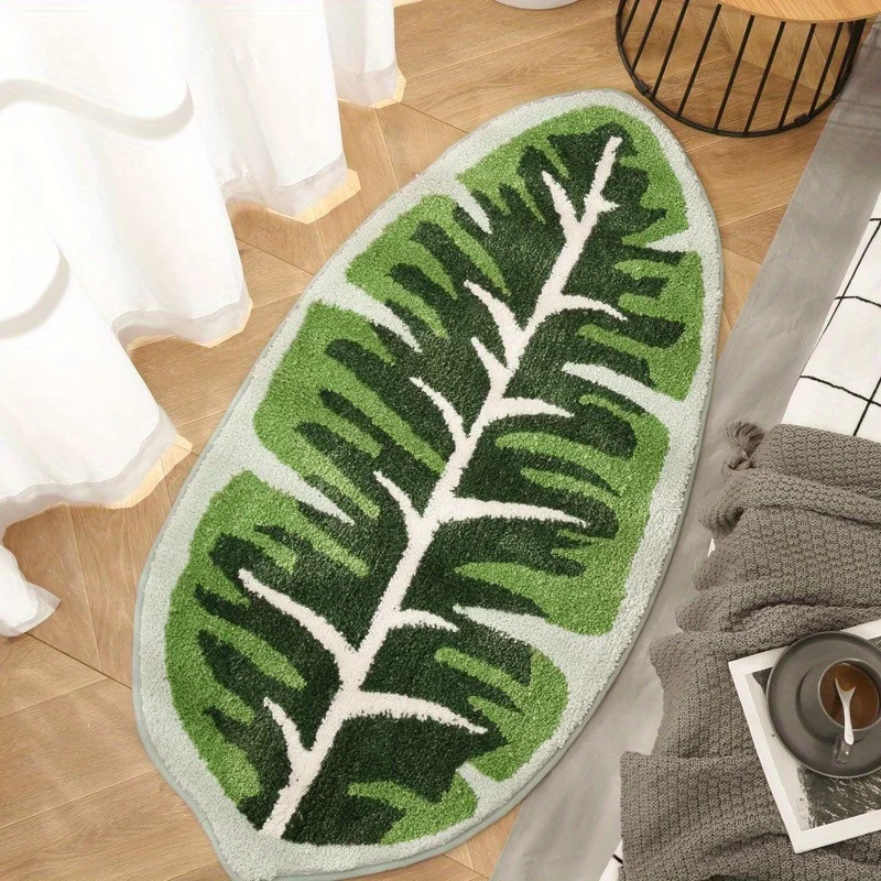 Green Leaf Single Needle Tufted Decorative Carpet Floor Mat, Anti Slip Bathroom Floor Mat  Bedroom Bedside Absorbent Carpet