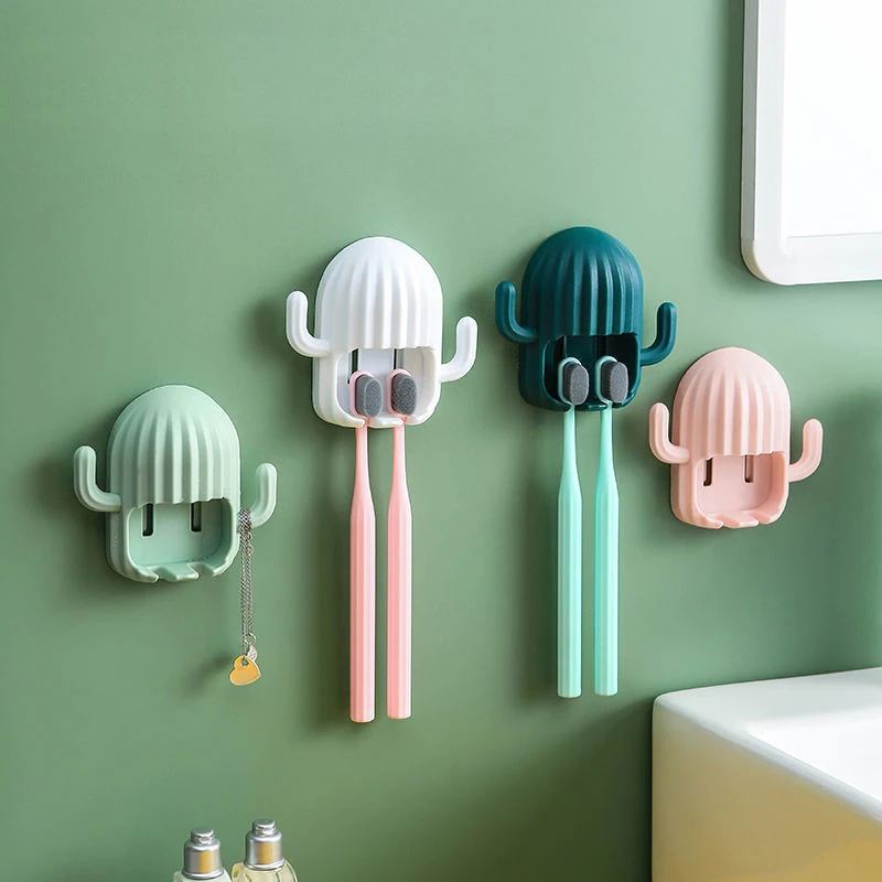 Self-Adhesive Wall Mounted Toothbrush Organizer Cactus Hook Toothpaste Holder Storage Rack Drain Shelf Bathroom Solution