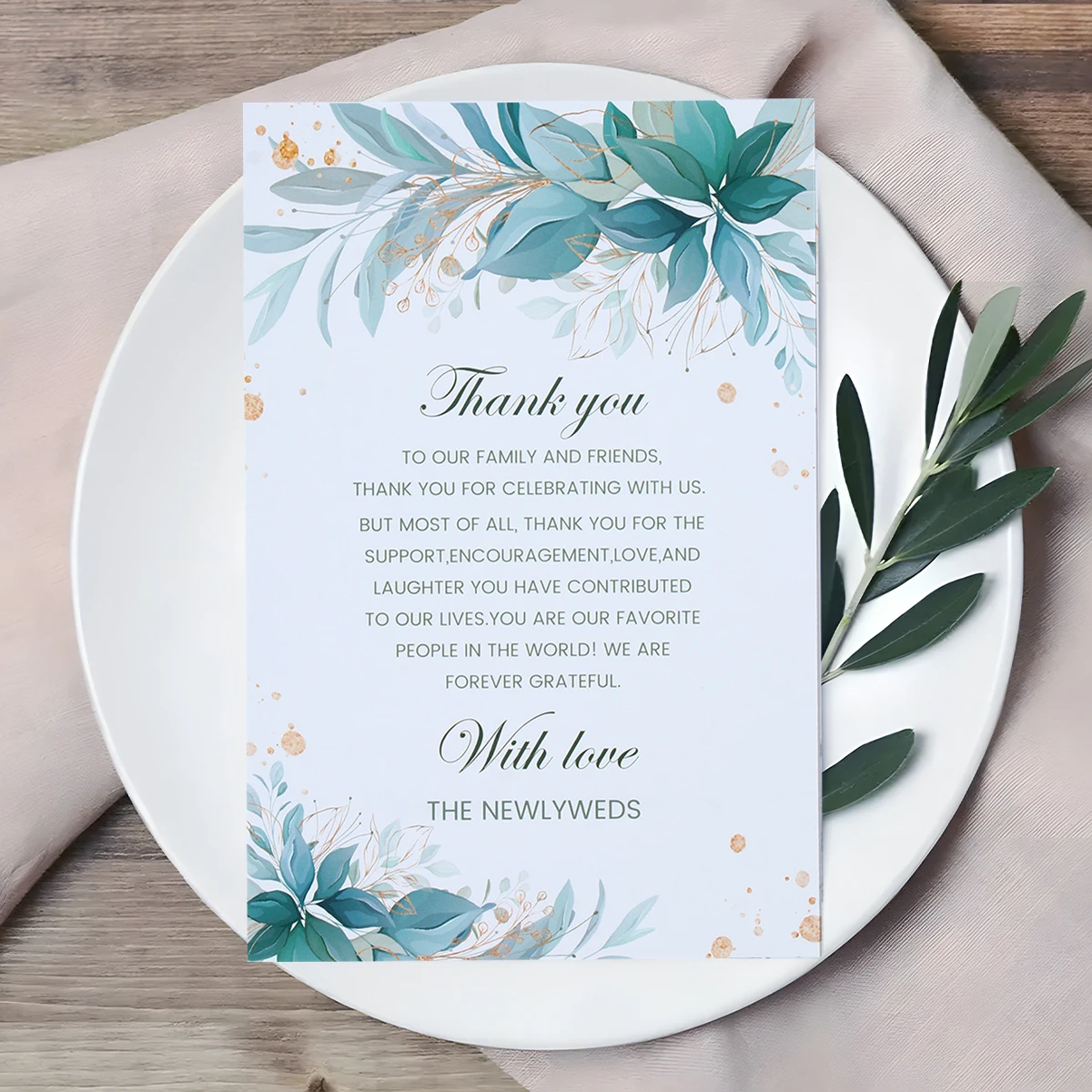 25Pcs Wedding Green Leaf Gold Dot Border Thank You Card Wedding Party Decoration Adult Ceremony Banquet Table Thank You Postcard