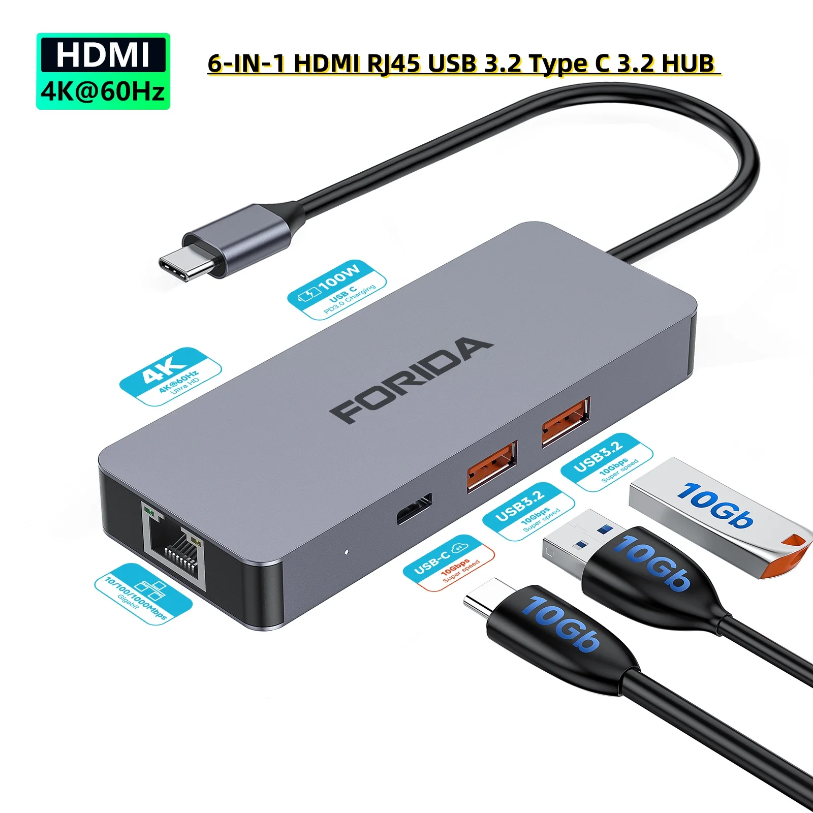 Hub USB C 3.2 10 Gbps con 4K a 60 Hz Docking station per porta audio da HDMI a tipo C VGA RJ45 per PC portatile MacBook Air Dell HP Samsung