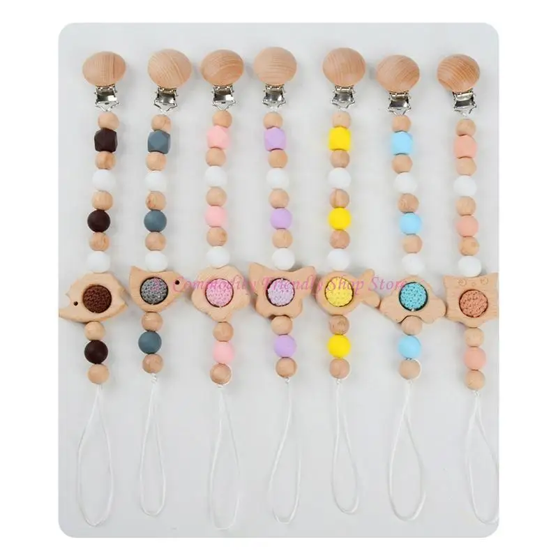 

85AE Cartoon Bead Pacifier Clips Silicone Wooden Holder Newborn Soother Chains for Baby Teether Teething Chain Shower Gift