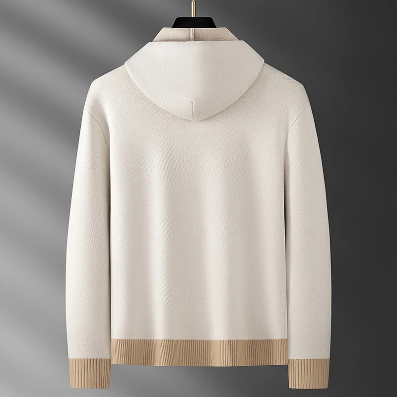 Light Luxury Autumn Italian-Style Relaxed Old Money Style Color-Woven Patchwork Wool Men's Hooded Cardigan Sweater Knitwear Jacket