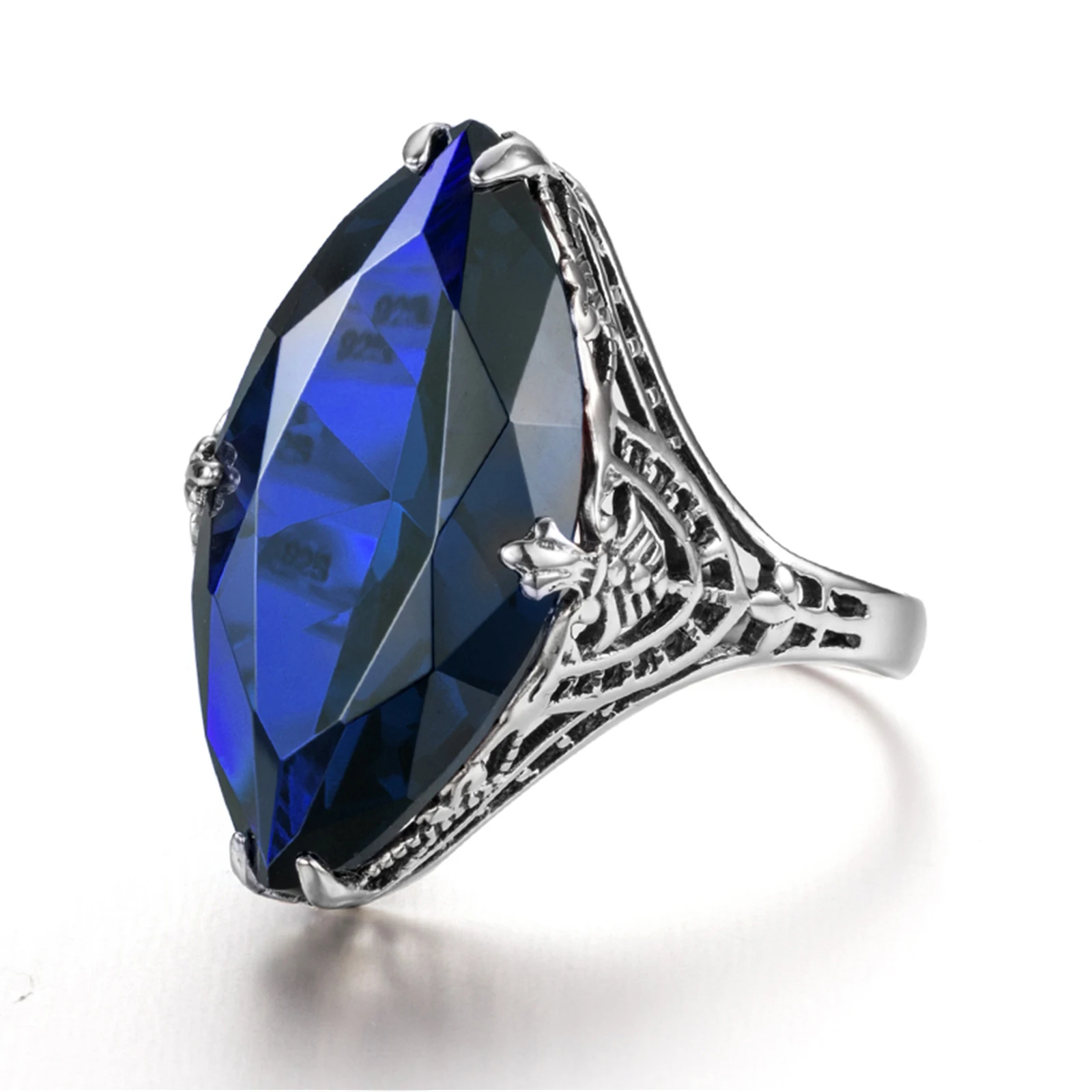 

Vintage 925 Sterling Silver Marquise Cut Sapphire Gemstone Rings for Men Gorgeous Big Stone Party Jewelry Father's Day Birthday