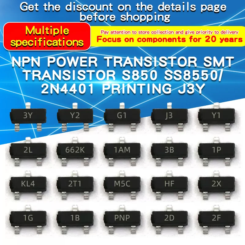 50PCS S8050 SS8550 2N4401 Printed J3Y NPN Power Transistor SMD Triode Package SOT23