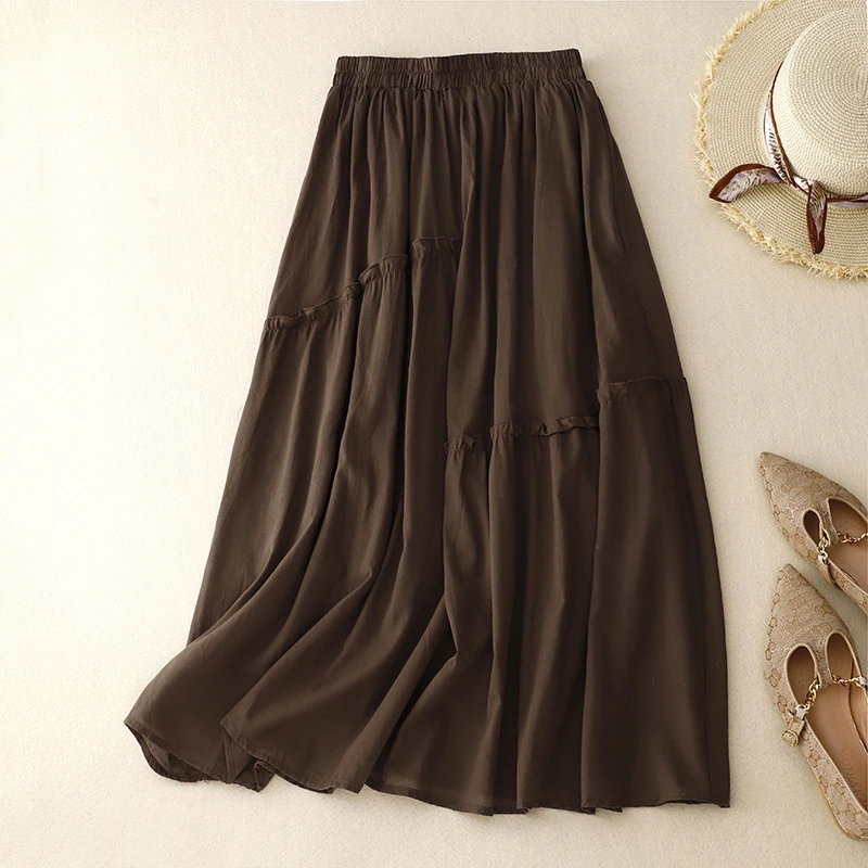 

Summer New Sle Double Layer Cotton Linen A-Line Skirt Slimming Fairy Skirt Color Asymmetrical Hemline Forest System
