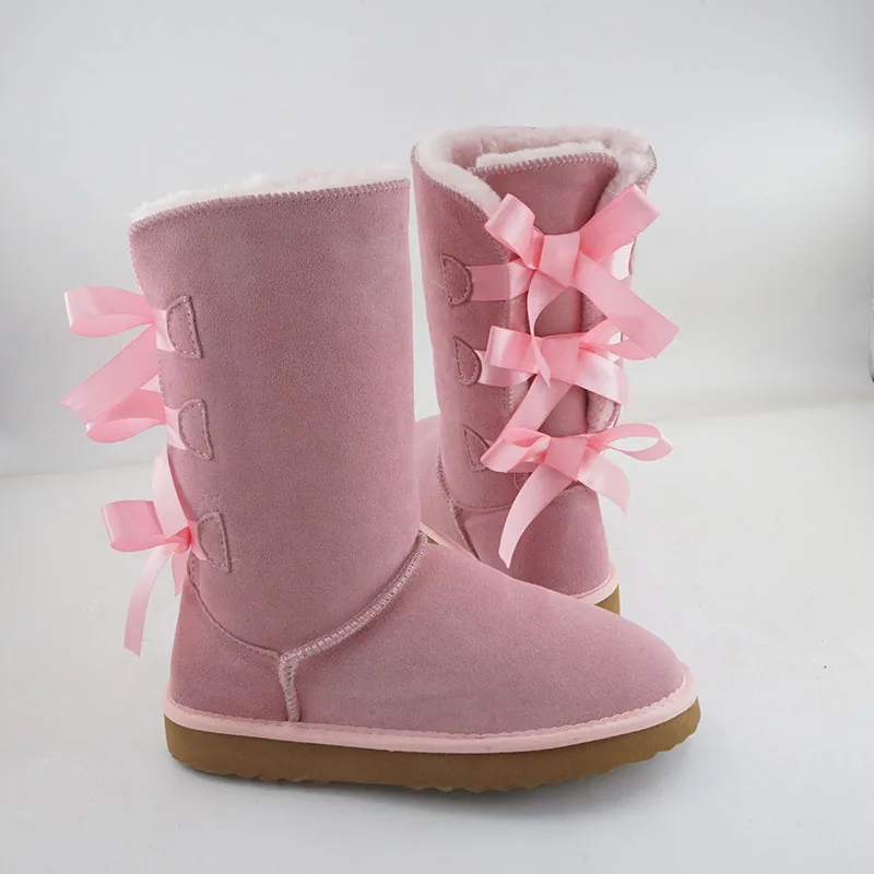 New Arrival Winter Bow Tie Girl High Boots Genuine Leather Woman Snow Boots Thick Plush Boots Women\'s Shoes Warm Shoes