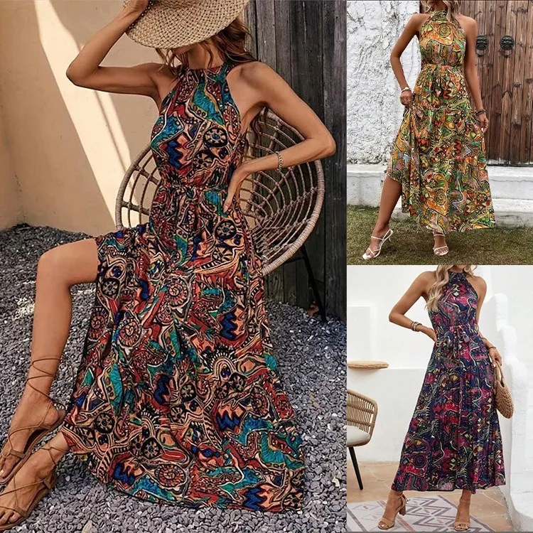 Bohemian summer new women's printed dress Bohemian retro zipper halter neck floor-length long dress