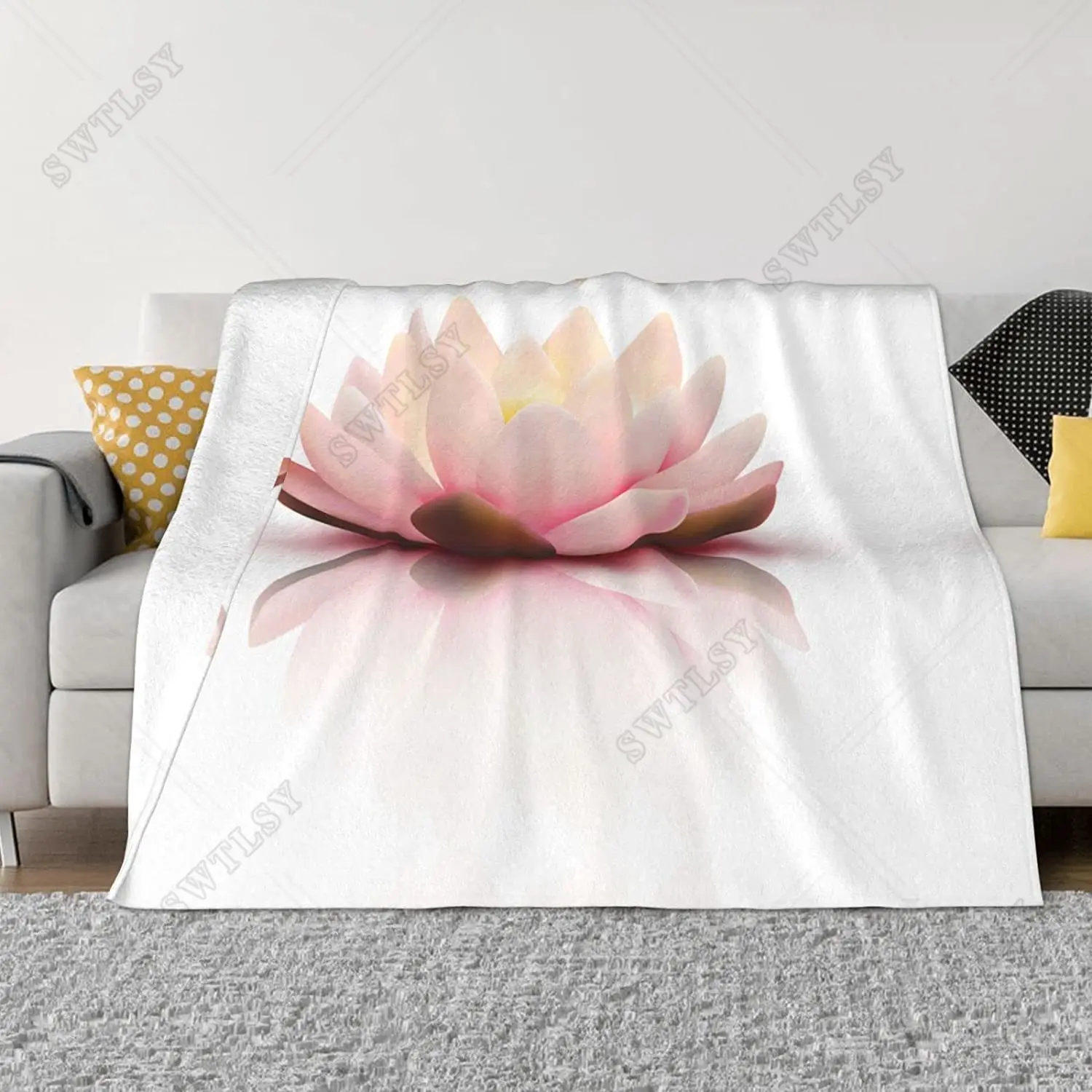 Pink Lotus Flowers Flannel Throw Blanket Lightweight Warm Super Soft Blanket for Car Bed Sofa Couch Decoration King Queen Size