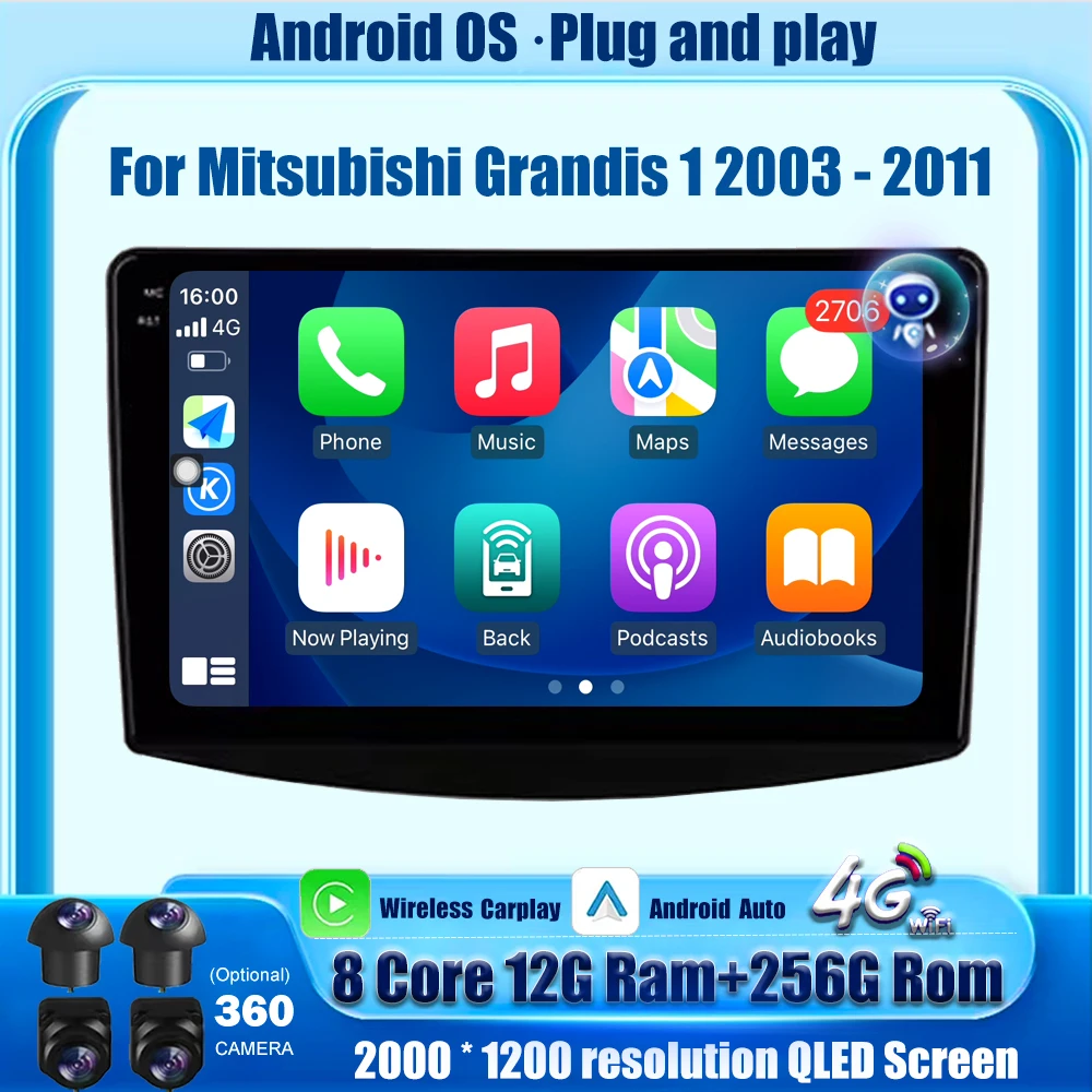 

Wireless Carplay For Mitsubishi Grandis 1 2003 - 2011 Android 16 Car Radio Multimedia Player GPS Navigation Bluetooth DSP 9''
