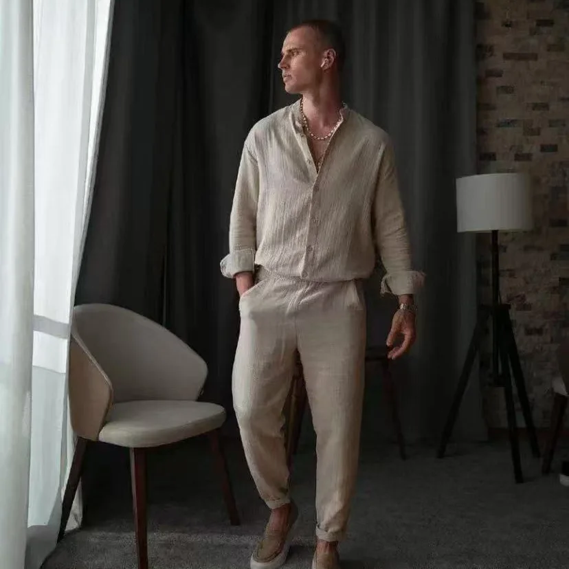 

2025 New Fashion American Men's Solid Color Casual Trendy Loose 2 Piece Sets Long Sleeve O-neck Shirt Trousers Pants for Beaches