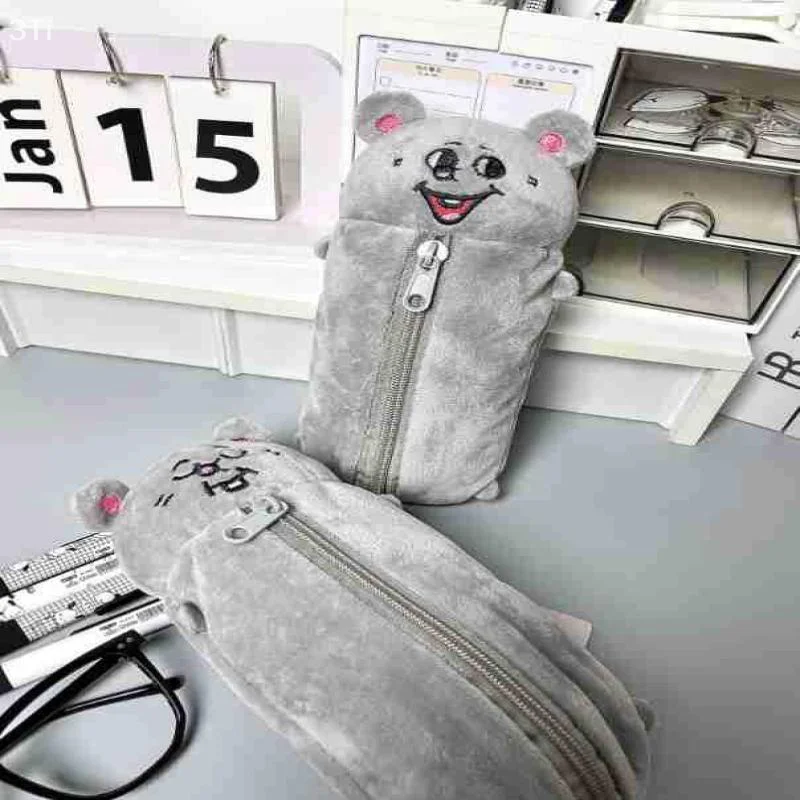 Cartoon Smiling Mouse Plush Pencil Case Cute Student Stationery Bag Large Capacity Storage Bag