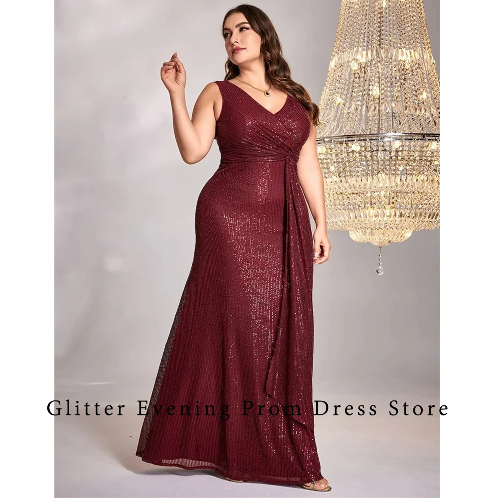 

Burgundy Elegant Simple Prom Dresses For Women Mermaid V-Neck Sequined Custom Made Large Size Evening Grows Vestidos De Festa