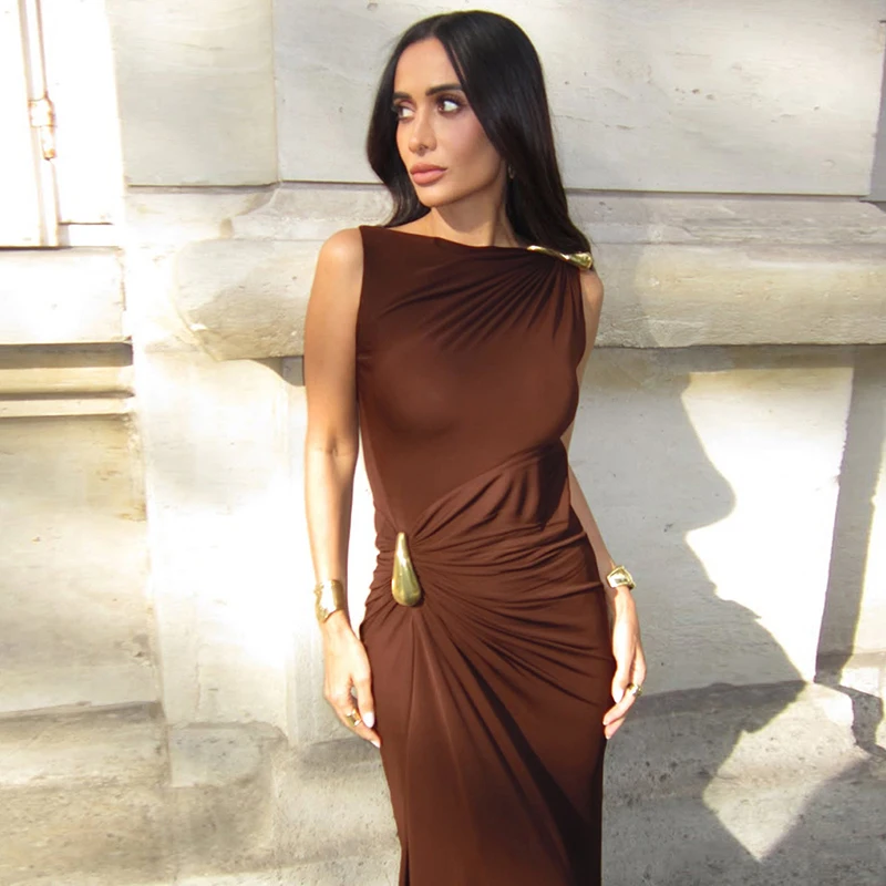 DGLUKE Vestido largo sin mangas con cuello barco para mujer, vestido largo drapeado fruncido, vestidos de fiesta elegantes para mujer