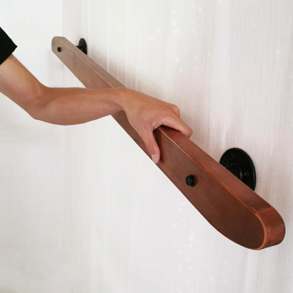 Indoor 50cm Handrail Wall Mounted Solid Wood Rail and Wrought Iron Bracket for Staircase Hallway Safety Support