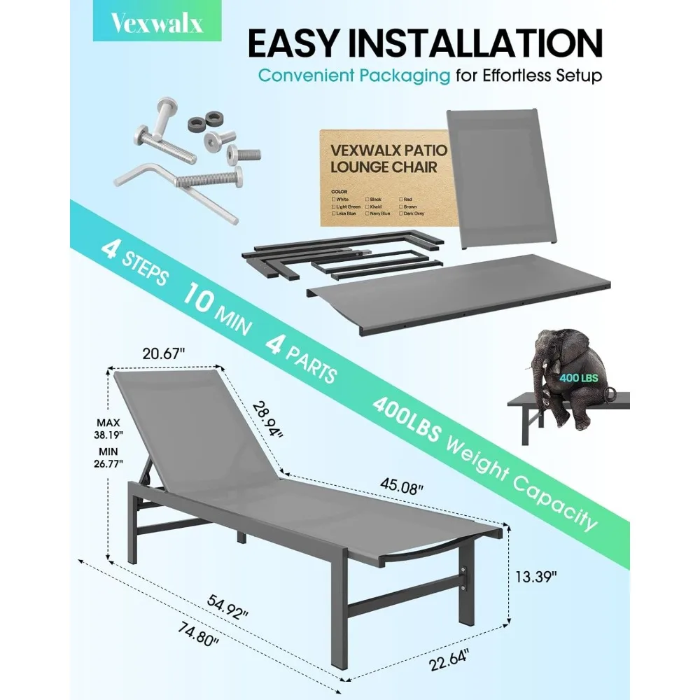 كراسي استرخاء من الألومنيوم ذات 5 أوضاع للاسترخاء في حمام السباحة في الهواء الطلق، وأثاث الفناء الخلفي #3