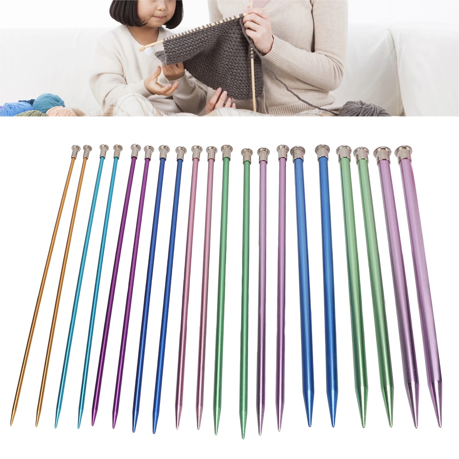 Ensemble d'aiguilles à tricoter de 10 pouces, surfaces lisses, marquages de taille, aiguilles à tricoter en métal colorées ultra légères pour projets de tricot DIY