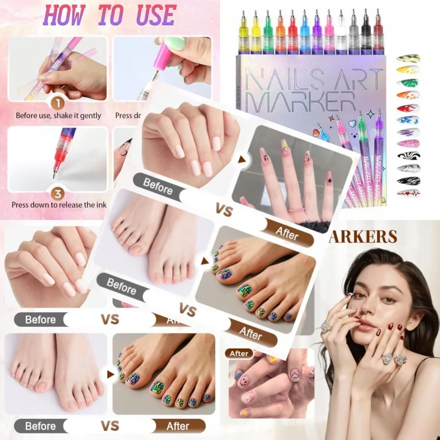 

2026 NEW 12 Colors Nail Art Marker Pens Set, Nail Markers for Nail Art, Suitable for Nail Art, Nail Painting, And Artistic Deco