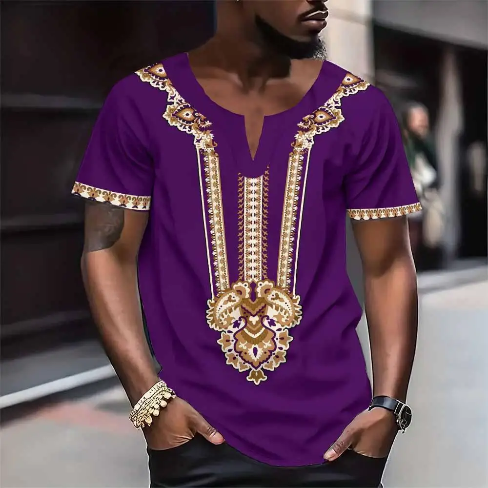 Fashion Men\'S T Shirt V-Neck Oversize Traditional Dashiki Men\'S Clothing Summer African Festival Enssential Men Tops T-Shirt