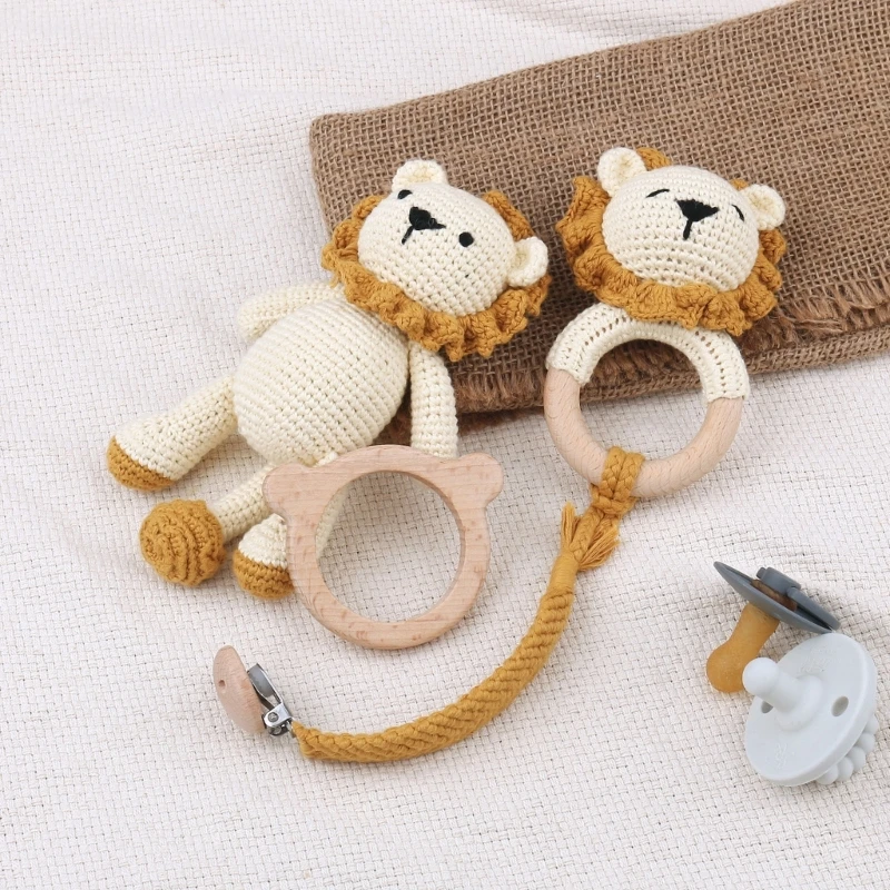 1/4pcs Handmade Crochet Baby Lion Animal Stuffed Dolls Newborn Lion Rattle Toy Wooden Lion Teething Ring Pacifier Chain Clips