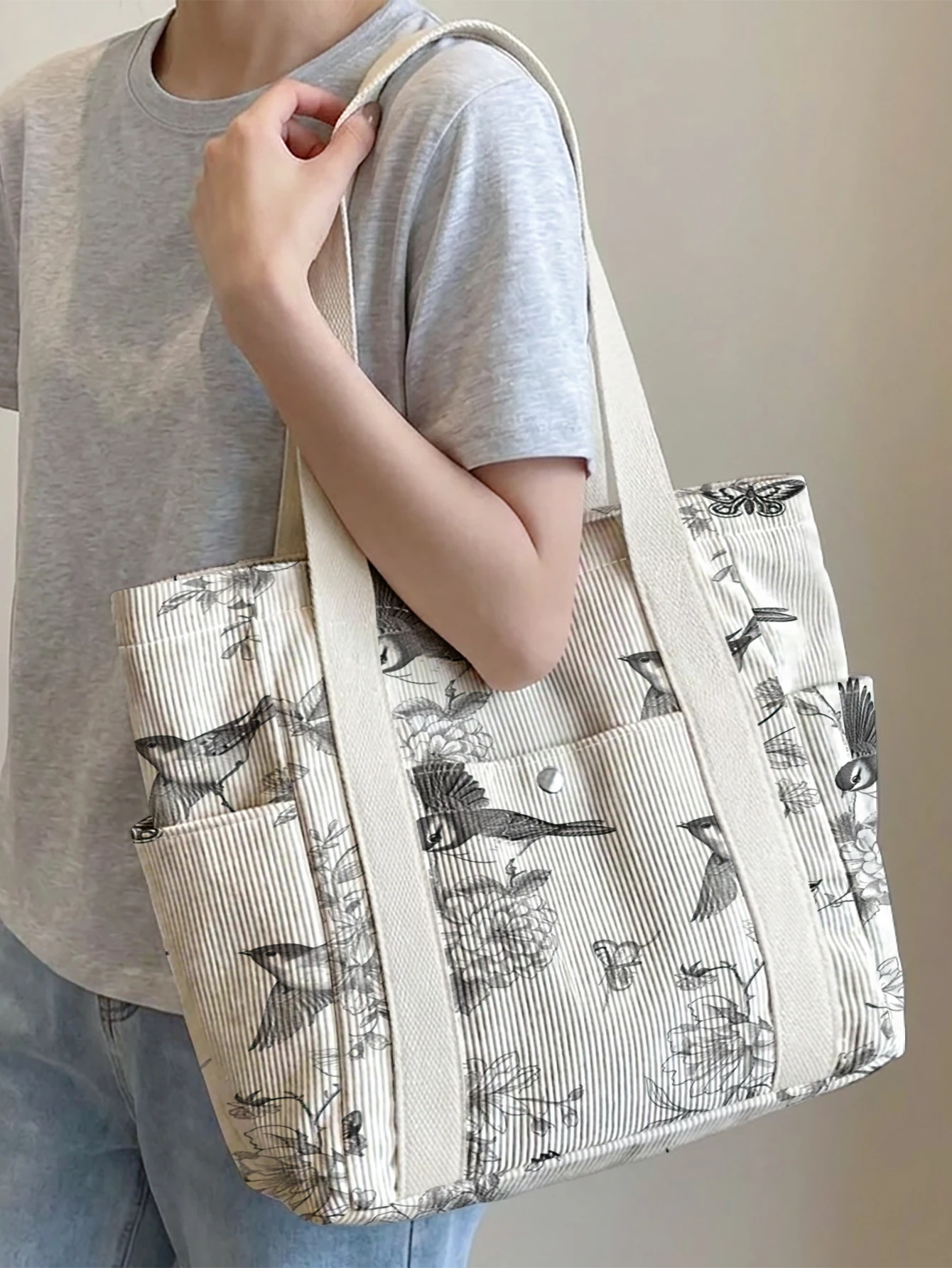 Sketch Bird Floral Print Tote Bag, Large Capacity With Side Pockets, Portable, For Shopping, Travel, School And Daily Commute
