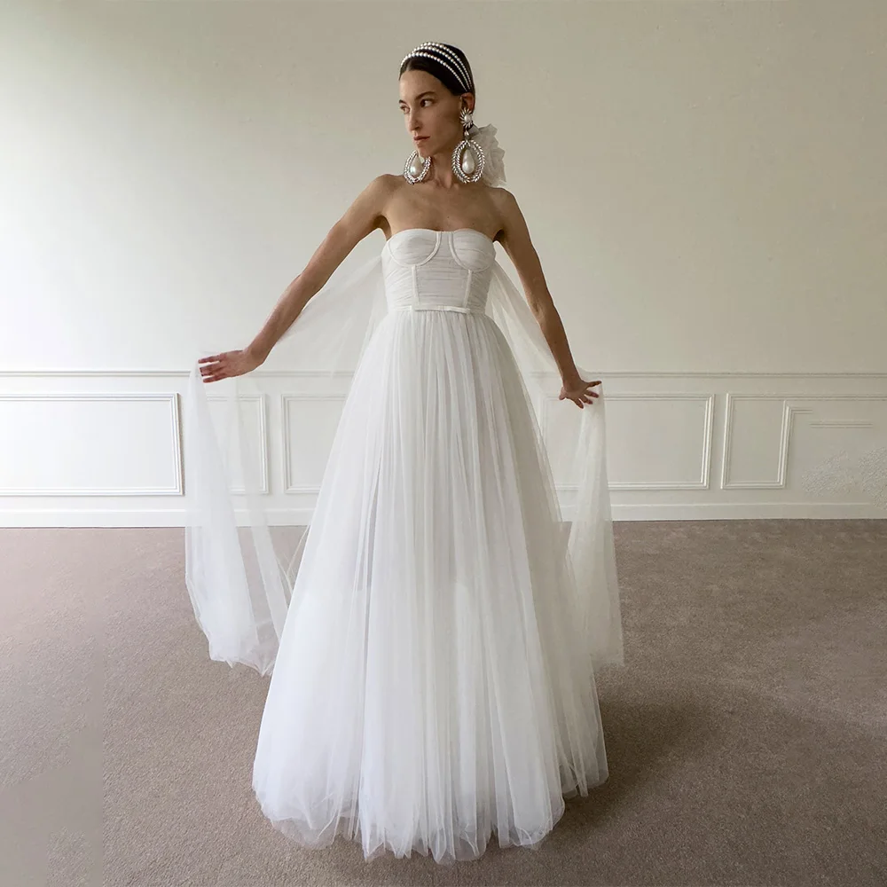 

Charming Strapless Pleart Tull A Line Wedding Dresses Long Rubbons Custom Made 2026 Vestido De Noival