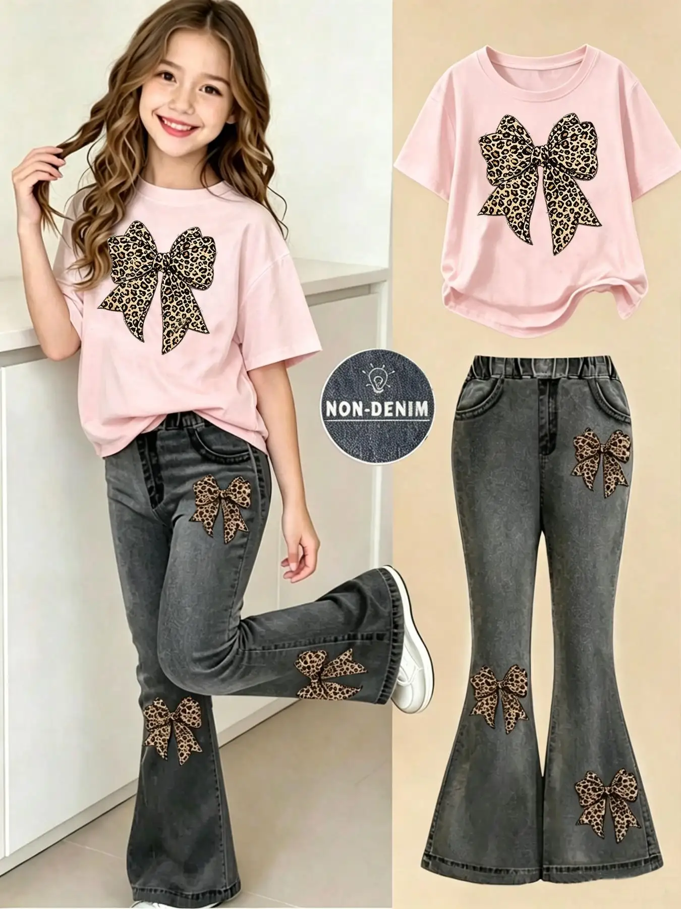 Girls' Summer and Autumn Casual Outfit: Leopard Print Bow Pink Short-Sleeve T-Shirt + Digital Print Flared Pants Two-Piece Set, Suitable for Girls Aged 4-12, Versatile Clothing for Going Out