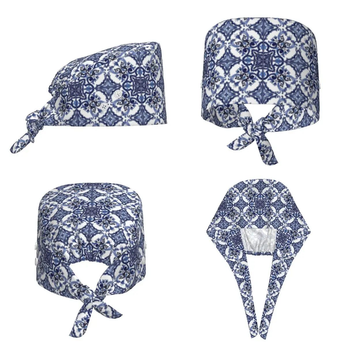 Blue Ornate Floral Mediterranean Sicilian Tile Scrub Hat Doctor Working Surgical Cap Men Women Adjustable Nursing Caps Dentist
