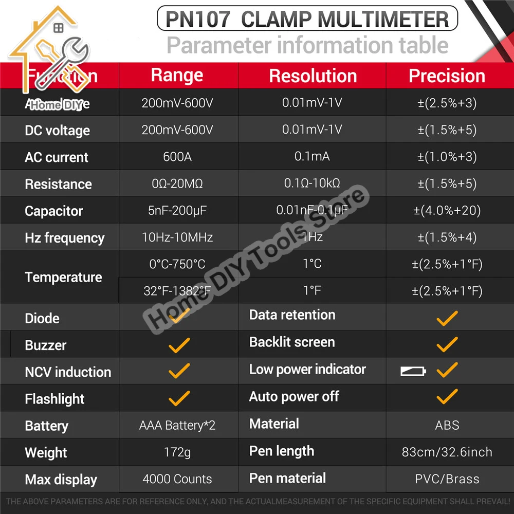 ANENG PN107 4000 Counts Digital Clamp Meter 600A AC Current Tester Voltmeter Ammeter NCV Diode Professional Electrician Tools