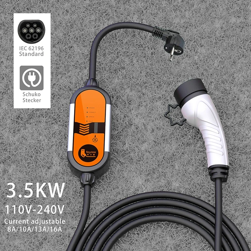 EV Portable Charger Type2 3.5KW Charging Cable Adjustable Current 8/10/13/16A Type1 j1772 Schuko Plug Wallbox for Electric Car