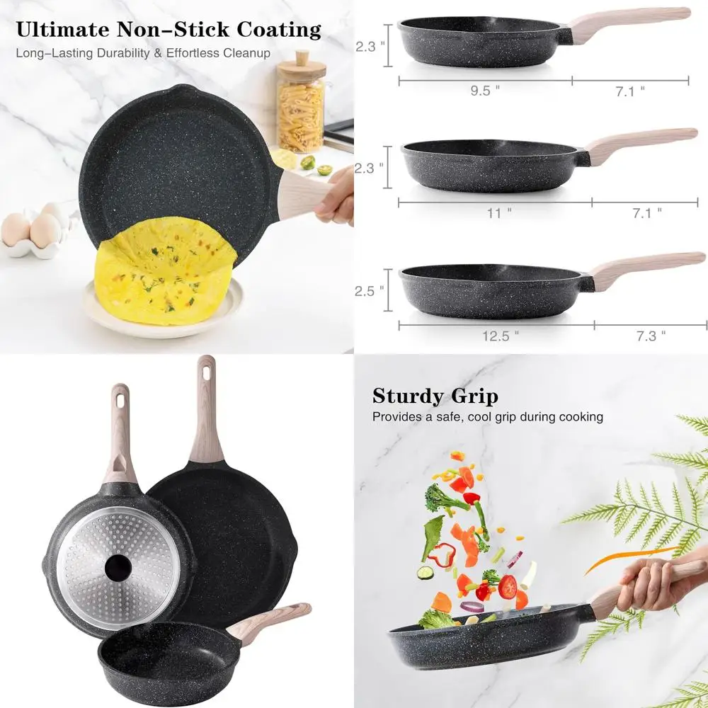 

3-Piece Nonstick Skillet Set, Healthy Induction Cookware, Cool Handle, All-Stovetop Compatible, PFOA-Free (9.5, 11, 12.5 Inch)