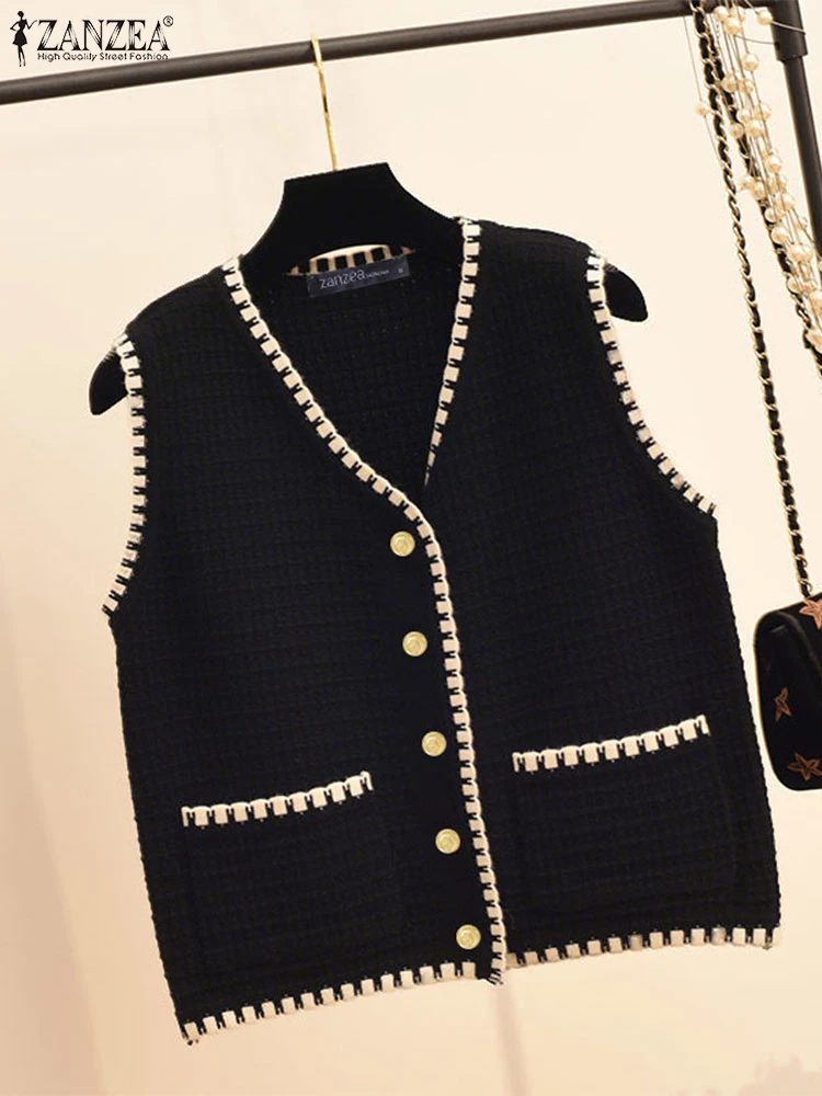 

ZANZEA женские свитера, жилет, модные вязаные топы с v-образным вырезом, цветные лоскутные вязаные топы, осень 2021, трикотажные кардиганы без рукавов с пуговицами Mujer