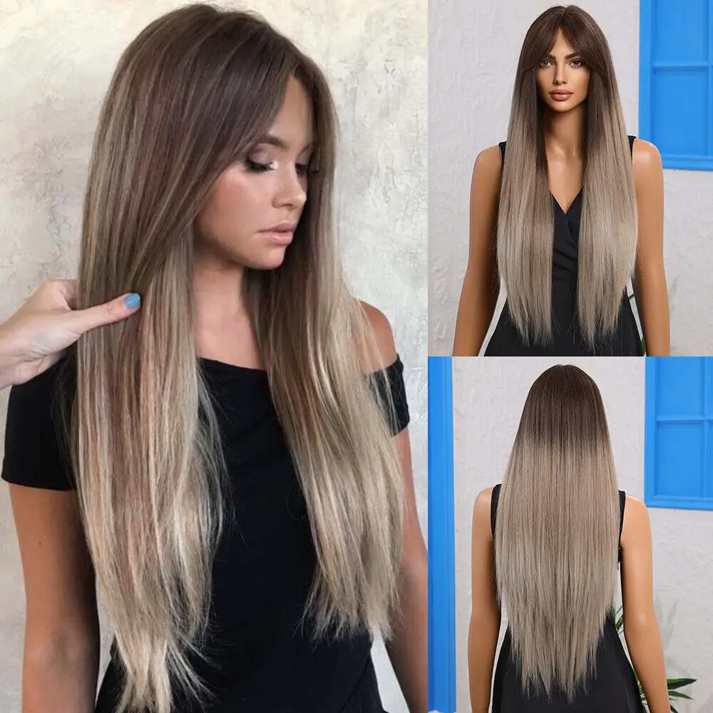 

Women's Long Ombre Brown to Gray Long Bangs Straight Synthetic Wig