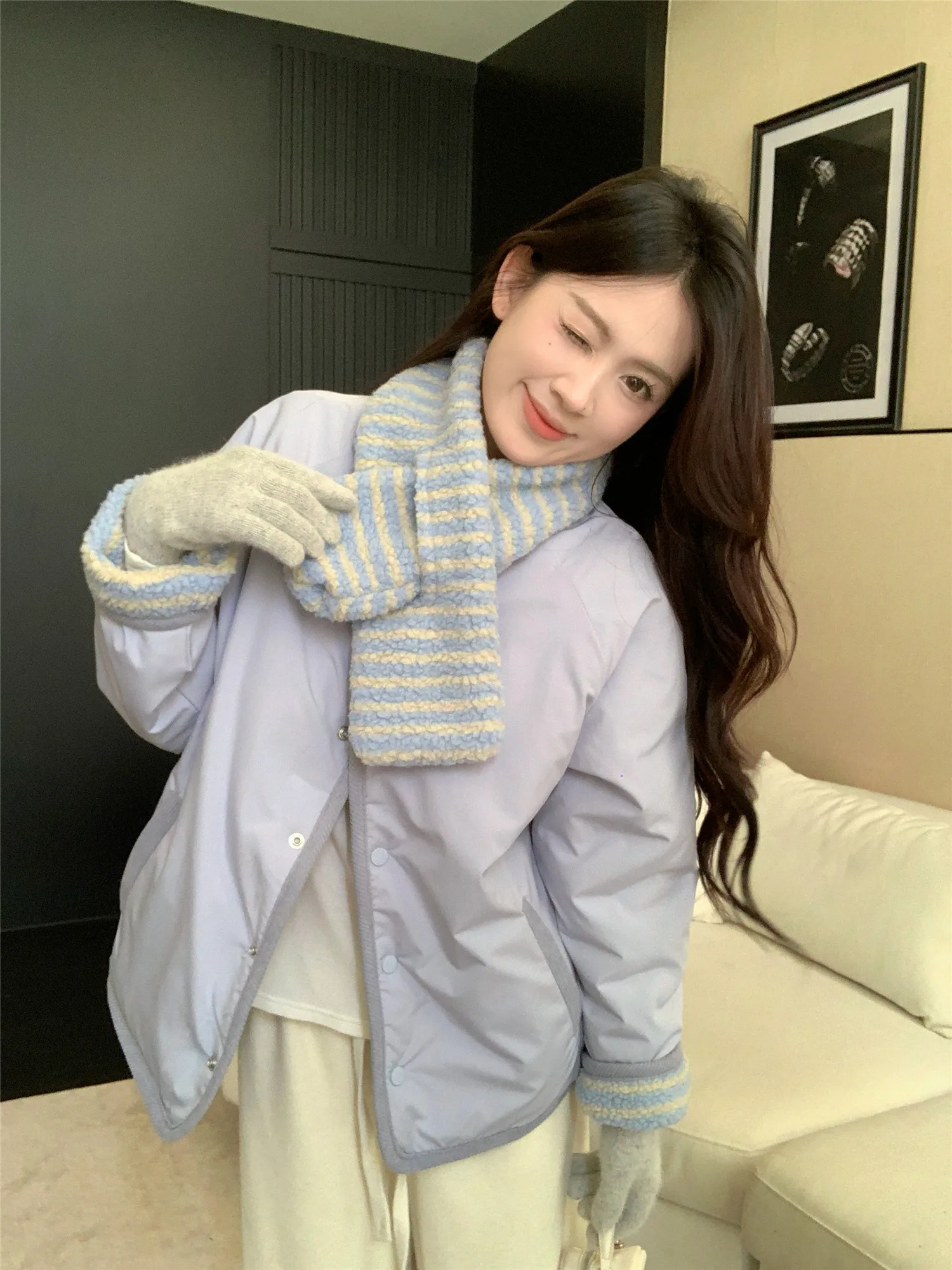 Korean Sweet Two Side Wear Padded Jacket Women Fleece Lined Thick Warm Parkas Woman Lazy Style Stripe Scarf Winter Jackets